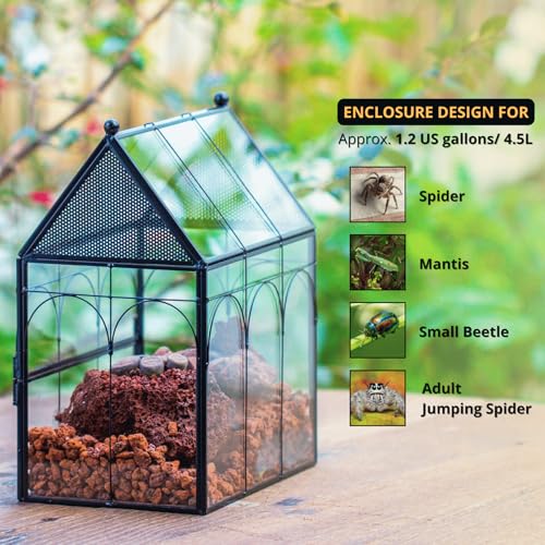 NCYP Glass Enclosure with Vent Holes for Jumping Spiders, Praying Mantis, Small Insect - 7.5" x 4.9" x 9" Front Opening Door Vented Glass Terrarium - House Shape, Home Decor, Black (Terrarium Only) - size: 7.5" x 4.9" x 9"