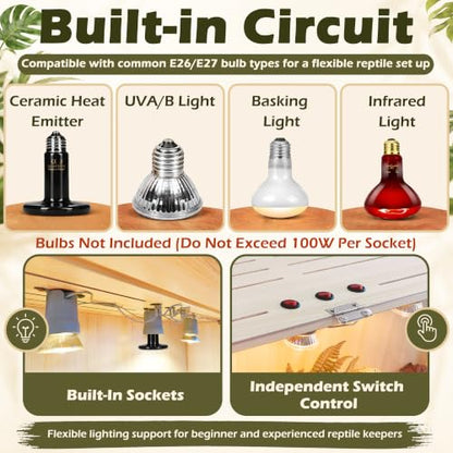 Bearded Dragon Tank, Lizard Tank with Clear Tempered Glass, Anti-Scratch Reptile Enclosure, Reptile Tank Built-in Light Fixtures with Switch (40X20X20inch,65 Gallons) - color: Transparent Roof, size: 40X20X20inch,65 Gallons