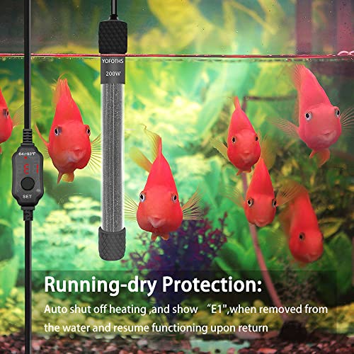 YOFOTHS Adjustable Mini Aquarium Heater 200W for Tanks 20-40 Gallons | Submersible, Small Fish Tank, Digital Display Thermostat, External Temperature Controller - size: 200W