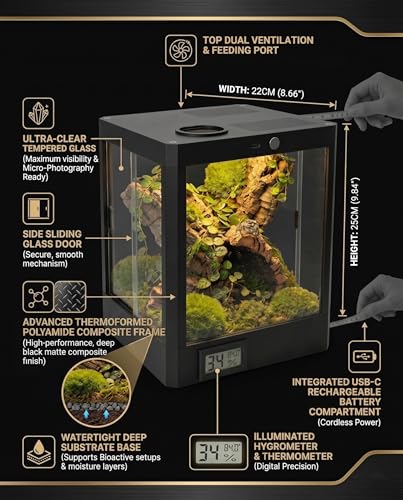 Smart Jumping Spider Terrarium with LED Light & Temp Humidity Monitor – Micro-Jungle Reptile Enclosure, Vertical Desktop Rainforest Ecosystem Display Decor