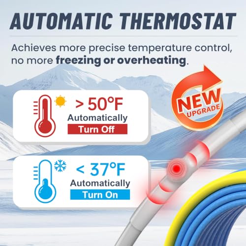 12ft Upgraded Dual Lights Heat Tape for Pipes with Thermostat | Power-Heating Dual Status, Self Regulating Heat Trace, Water Line Heating Cable for Metal & Plastic Pipes, 5W/ft - style: 12-feet