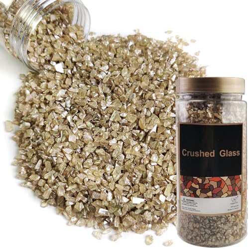 HappyFiller 1.3 LB Metallic Baige Crushed Glass for Resin Art,Crafts,3-8mm | Vase Filler,Wedding Table Centerpiece,Candle Holder,Terrarium Gravel Sand - color: Baige