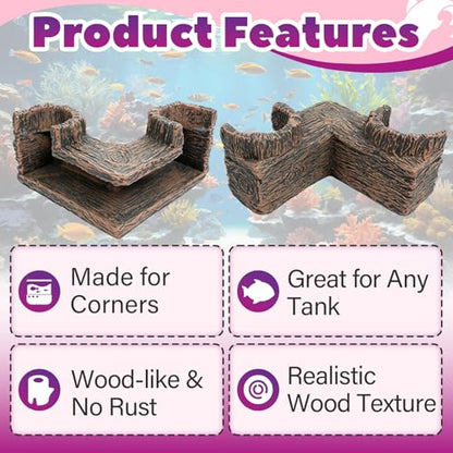 2 Pcs 90° Corner Fish Cave Viewing Tunnels, Compatible with Aquarium Cave | Featuring a Natural-Looking Wood-Like Design Made of BPA-Free Premium Resin, Fish Tank Hideout, Safe Corner Tank Decor