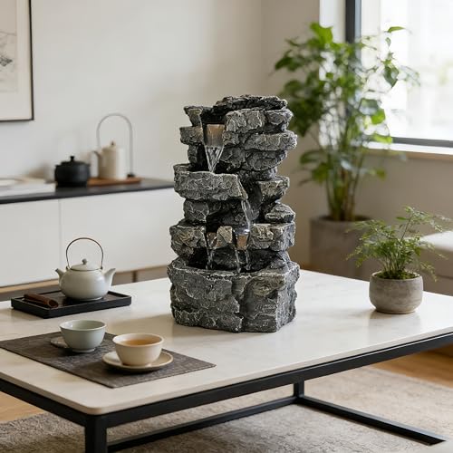 Tabletop Rock Waterfall Fountain, 4-Tier Stacked Stone, Resin, LED Lights, USB Powered, 7.08 x 5.5 x13.3Inches