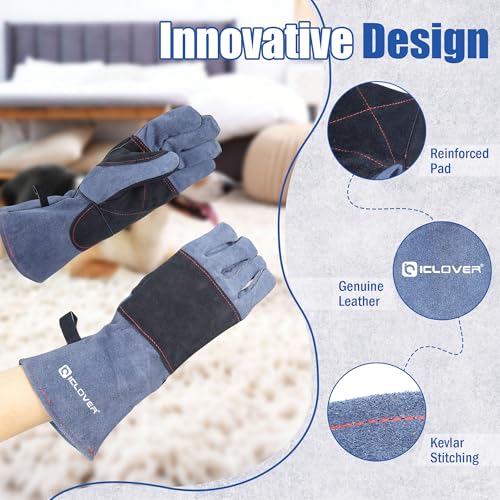 IC ICLOVER Animal Handling Gloves, Snake Bite Proof Gloves, Double Leather | Cat, Dog Training, Bird, Falconry, Snake Reptile Handling, Animal Control, Reinforced Palm Padded, Anti Bite Scratch Gloves - color: M -14inch