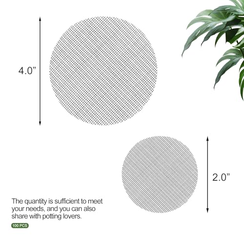 Quacc 100 PCS Flower Pot Hole Mesh Pad, 2/4 Inch Round Plant Pot Drainage Mat, Plant Potting Bonsai Bottom Grid Mat to Prevent Soil Loss (Black)