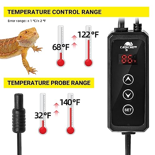 Dimming Thermostat Reptile, Thermostat for Reptile Heat Lamp Mats Bulbs, PID Temperature Controller for Reptile Amphibian Habistat, Memory Function, LED Digital Screen, Sensitive Probe, 300W
