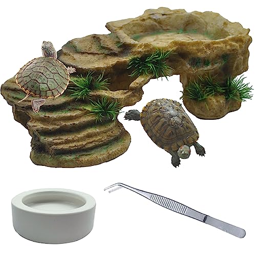 kathson Turtle Basking Platform,Tortoise Resin Climbing Rock Rectangular Resting Terrace Tank Accessories,Reptiles Dock Hide Cave Habitat Decoration for Bearded Dragon Lizard Geckos Spiders (3 PCS) - style: Rustic