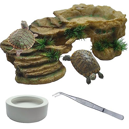 kathson Turtle Basking Platform,Tortoise Resin Climbing Rock Rectangular Resting Terrace Tank Accessories,Reptiles Dock Hide Cave Habitat Decoration for Bearded Dragon Lizard Geckos Spiders (3 PCS) - style: Rustic
