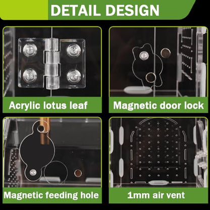 Acrylic Jumping Spider Enclosure with Magnetic Lock | 3mm clear acrylic magnetic front door & feeding port for escape-proof care