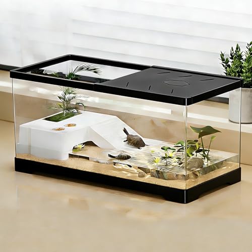 Turtle Fish Tank with Basking Platform and Bottom Drainage, 11.8" x 7" x 7.3" Aquatic Turtle Tank for Juvenile Turtle, Crayfish, Crabs, Amphibians, Reptiles, PC Material, Black Color