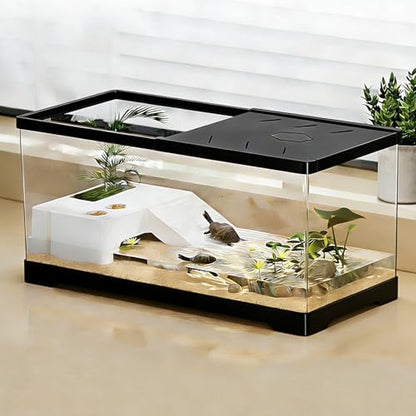 Turtle Fish Tank with Basking Platform and Bottom Drainage, 11.8" x 7" x 7.3" Aquatic Turtle Tank for Juvenile Turtle, Crayfish, Crabs, Amphibians, Reptiles, PC Material, Black Color