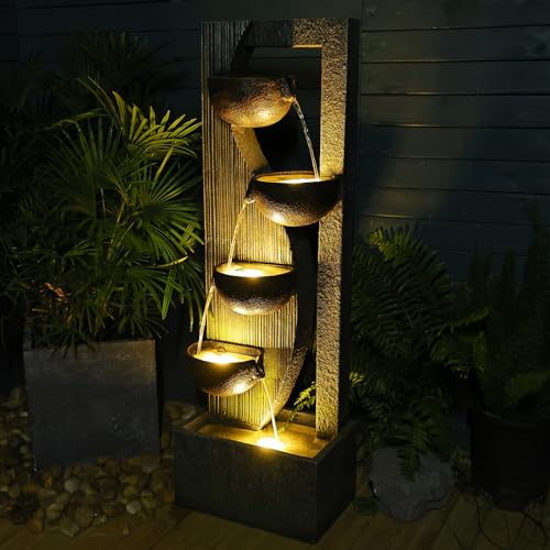 Sunlinua Garden Water Fountains Outdoor 5 Tiered Cascading Bowl Modern Waterfall Fountain with LED Lights, Natural Stones for Garden, Living Room, Patio, Yard Art Decor, 16.3" L * 10.8" W * 49.2" H