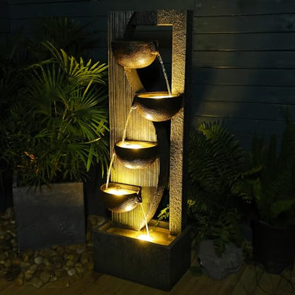 Sunlinua Garden Water Fountains Outdoor 5 Tiered Cascading Bowl Modern Waterfall Fountain with LED Lights, Natural Stones for Garden, Living Room, Patio, Yard Art Decor, 16.3" L * 10.8" W * 49.2" H