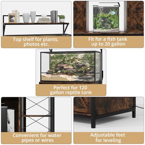 VOWNER 48"x24"Reptile Tank Stand with Power Outlet & Storage Cabinet, Brown | Fits up to 120 Gallon Bearded Dragon Tank, Sliding Barn Doors, Heavy Duty Aquarium Stand, Reptile Turtle Terrarium Stand - color: Rustic Brown