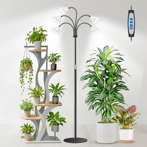 Floor Grow Lights for Indoor Plants, Full Spectrum, for Tall Plant | 5-Head Gooseneck Grow Lamp, 2.3in Spotlight-Style Heads, 120 Red/Blue/White LEDs, Timer & Dimming, 16.5-61in Height, Black - size: 5-Head