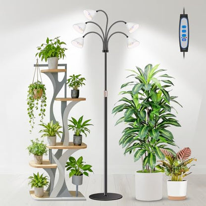 Floor Grow Lights for Indoor Plants, Full Spectrum, for Tall Plant | 5-Head Gooseneck Grow Lamp, 2.3in Spotlight-Style Heads, 120 Red/Blue/White LEDs, Timer & Dimming, 16.5-61in Height, Black - size: 5-Head