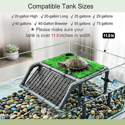 Standing Turtle Basking Platform, 10.8" Wide for Aquarium | Adjustable Height 5.9-14.5", Fits 20-55 Gal, Screw-Fixed Suction Cups, Grass Mat, Feeding Bowl & Brush, - size: 10.8'' W