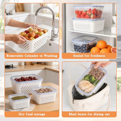 Fruit Storage Containers for Fridge, 4 in 1 Food Storage Container, Produce Storage Containers with Lid and Strainer, Including Drain Basket, Multipurpose Large Fruit Containers for Fridge-3PCS White