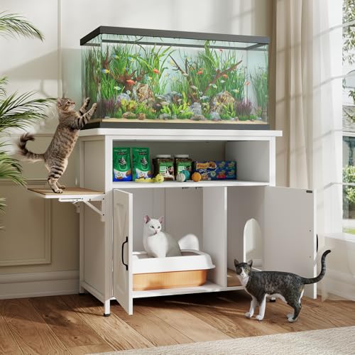 Verano Garden 40-50 Gallon Fish Tank Stand, Aquarium Stand, White | Cat Litter Box Enclosure, Storage Shelf, Cat Perch, Removable Divider, Scratch Mat, 36.2"x20.5" Tabletop, 660 LBS Capacity - color: White