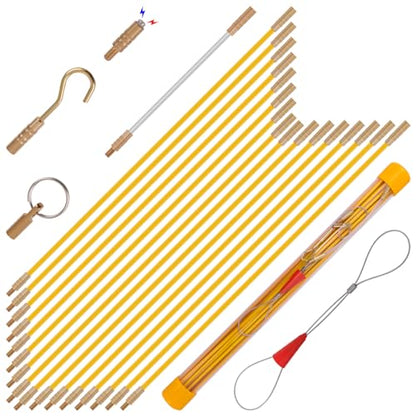 22FT Fiberglass Wire Running Kit, Cable Running Rods with 4 Attachments | Fiberglass Electrical Wire Running Rods, 22FT Non-Conductive Pulling Kit with 4 Interchangeable Heads, Carrying Case - size: 22FT-16 Rods