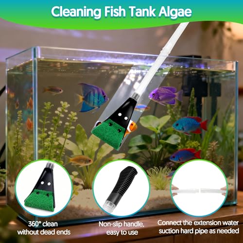 Fish Tank Cleaner Gravel Vacuum for Aquarium | Aquarium Siphon, Water Changer, Double Sided Sponge Brush Algae Scraper, Fish Tank Cleaning Kit, Gravel & Sand Cleaning - color: Black
