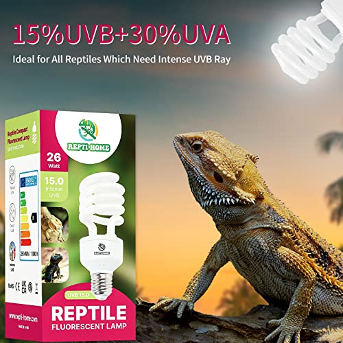UVB Reptile Light 15.0, 26W Intense UVA UVB Bulb for Reptiles, Terrarium Compact Fluorescent Lamp, Reptile UVB Light Bulb for Desert Reptiles & Amphibians - size: 15.0-26
