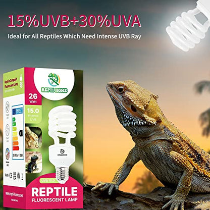 UVB Reptile Light 15.0, 26W Intense UVA UVB Bulb for Reptiles, Terrarium Compact Fluorescent Lamp, Reptile UVB Light Bulb for Desert Reptiles & Amphibians - size: 15.0-26