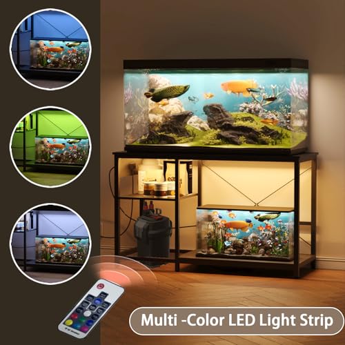 Beuruku 55-75 Gallon Fish Tank Stand with Power Outlet & LED Light, Metal Aquarium Stand with 3 Tier Adjustable Storage Shelves, for Reptile & Turtle Tank, 52" L*19.5" W, Black
