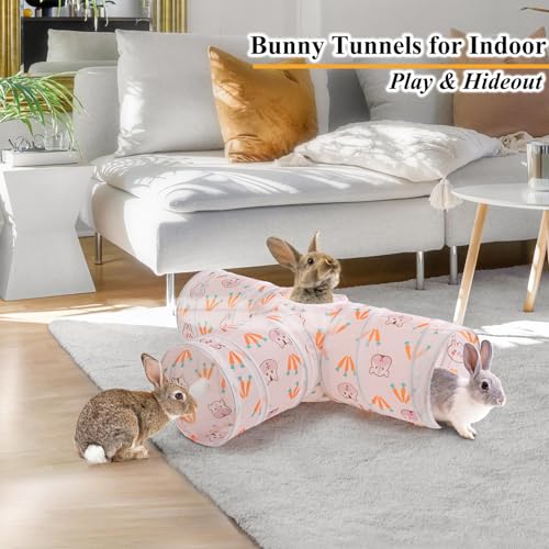 HERCOCCI Rabbit Toys, Bunny Tunnels & Tubes, Collapsible 3 Way Rabbit Hideout Tunnel with Chew Toys for Bunny Guinea Pig Ferret Kitten - color: White