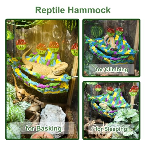 Bearded Dragon Hammock Lounger with Suction Cups Bells,Double-Layer Reptile Hammock, Soft Hanging Lizard Bed Climbing Toys Swing Tank Accessories for Lizard Gecko Chameleon Snake (Blue)