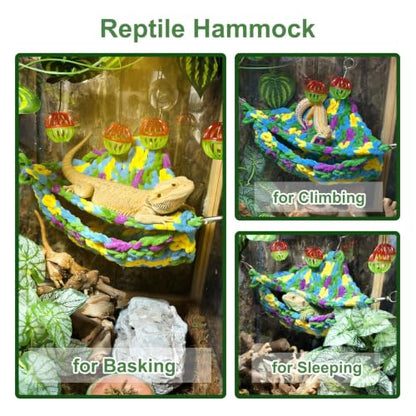Bearded Dragon Hammock Lounger with Suction Cups Bells,Double-Layer Reptile Hammock, Soft Hanging Lizard Bed Climbing Toys Swing Tank Accessories for Lizard Gecko Chameleon Snake (Blue)