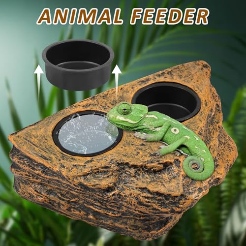 Reptile Magnetic Feeder Ledge, Reptile Food Water Dish with 2Pcs Bowls, Double Bowl Gecko Feeder Ledge, Reptile Feeding Bowl, Lizard Feeding Ledge for Lizard Crested Gecko