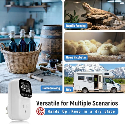 Digital Temperature Controller, Thermostat Outlet with LCD Display | 15A/1800W, Heating & Cooling Mode, -40℉~210℉, 4 Timing Modes, For Greenhouse Incubator Homebrew Reptile Tank