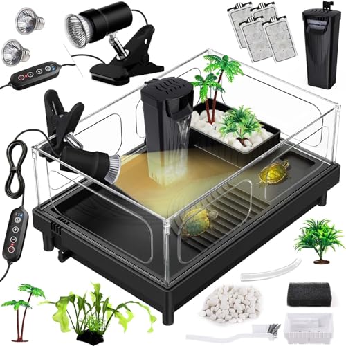 MoonOrange Small Turtle Tank Kit, Acrylic Turtle Tank Starter Kit with Basking Platform, Bottom Drainage, Multi-Function Areas for Turtles, Crabs, Crayfish, Small Reptiles (Black Kit) - color: Black (Kit)