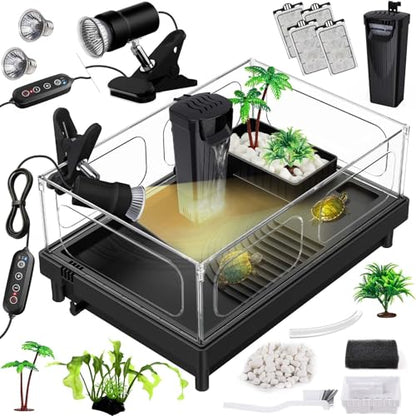 MoonOrange Small Turtle Tank Kit, Acrylic Turtle Tank Starter Kit with Basking Platform, Bottom Drainage, Multi-Function Areas for Turtles, Crabs, Crayfish, Small Reptiles (Black Kit) - color: Black (Kit)