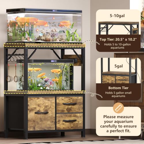 Heybly 5-10Gal Fish Tank Stand with Drawer, Power Outlet,200lbs HAS002SSR-1 | Aquarium Stand,Heavy Duty Metal Frame for Fish Tank, Turtle & Reptile Terrarium, 20.5" × 10.2" Top, Rustic Brown - color: Rustic Brown, size: 5-10 gal