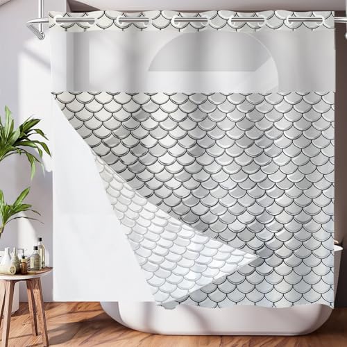 Snake Scale No Hooks Shower Curtain with Snap in Liner Set, Gray Fish Scale Pattern Tub Curtainn Mesh Top Window & Magnetic Hem Waterproof 71X74 Inch - color: Snake Scale 1 White03, size: 71"W x 74"L (Pack of 1)