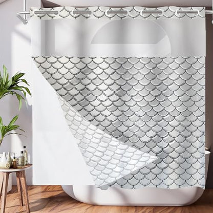 Snake Scale No Hooks Shower Curtain with Snap in Liner Set, Gray Fish Scale Pattern Tub Curtainn Mesh Top Window & Magnetic Hem Waterproof 71X74 Inch - color: Snake Scale 1 White03, size: 71"W x 74"L (Pack of 1)