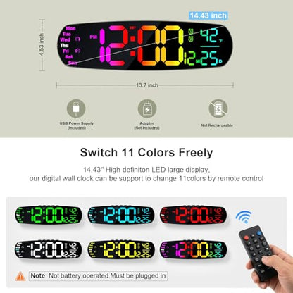 Large Digital Wall Clock for Classroom, 14.4 inch Large Display | Auto Dimming, Temperature and Date, Remote Control, Night Light, DST, Alarm, Wallclockfor Gym/Bedroom/Living/Seniors - color: Vibrant