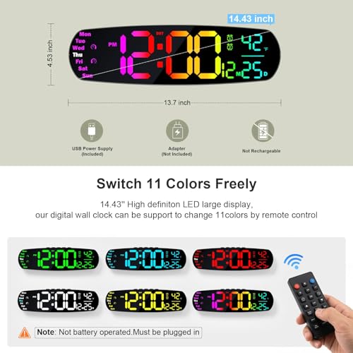 Large Digital Wall Clock for Classroom, 14.4 inch Large Display | Auto Dimming, Temperature and Date, Remote Control, Night Light, DST, Alarm, Wallclockfor Gym/Bedroom/Living/Seniors - color: Vibrant