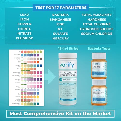 17in1 Complete Drinking Water Test Kit - 100 Strips + 2 Bacteria Tester Kits - Well, Tap, Home, City Water Testing Strip for Lead, Alkaline, Chlorine, Hardness, Iron, Fluoride, Copper & More