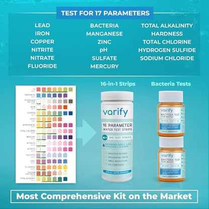 17in1 Complete Drinking Water Test Kit - 100 Strips + 2 Bacteria Tester Kits - Well, Tap, Home, City Water Testing Strip for Lead, Alkaline, Chlorine, Hardness, Iron, Fluoride, Copper & More