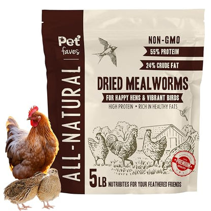 Pet Faves Dried Mealworms for Chickens, Birds, Hamster, Reptile and Turtle - Premium Non-GMO Treats with 55% Protein for Laying Hens - Organic Food for Wild Bird, Bluebirds, Robins, Cardinals. 5 Lb - size: 5 Pound (Pack of 1)