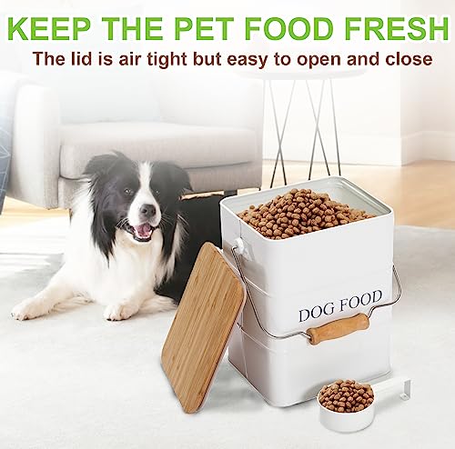 Dog Food storage container Dog Treats Jar,5~6 lb Metal food treats tin for Dog, pet snacks Canisters with wooden lid/handle/sevice scoop-White - color: Dog-White