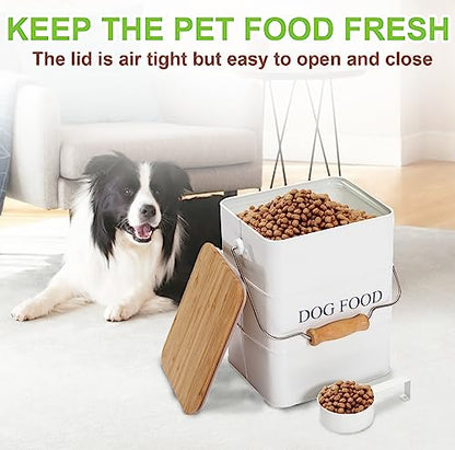 Dog Food storage container Dog Treats Jar,5~6 lb Metal food treats tin for Dog, pet snacks Canisters with wooden lid/handle/sevice scoop-White - color: Dog-White