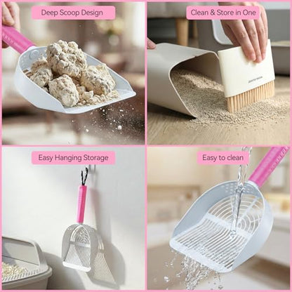 Cat Litter Scoop with Holder, 3 in 1 Metal Kitty Scooper | Heavy Duty Deep Litter Sifter with Dustpan & Mini Broom, Dual Coarse & Fine Grid, Quick Sift, Universal for All Cat Litter - color: Pink, size: Large