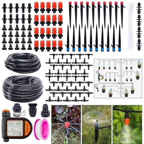 Automatic Drip Irrigation System Kit - 226FT with LCD Timer, 3 Sprayer Types Automatic Garden Watering System, 1/2 Inch Hose 1/4 Inch Distribution Tubing Garden Watering Solution for Outdoor Plants