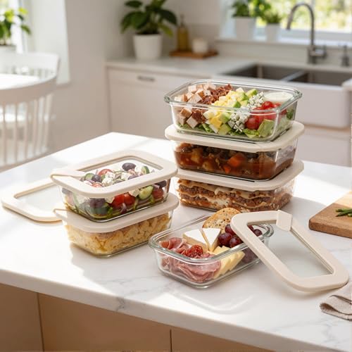 Glass Food Storage Containers with Glass Lids, Microwave Safe Food Container Set, Aitight Meal Prep Container Set, LeakProof, 100% Plastic Free, 6 Pack - color: Ivory White - 6RT