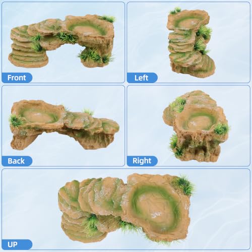 Turtle Docks for Basking Reptile Rock Cave Hideout | 2 In 1 Basking Platform And Hide Cave With Fake Grass On 4 Sides Wide Textured Ramp Durable Resin Light Brown Yellow - color: Light Brown Yellow